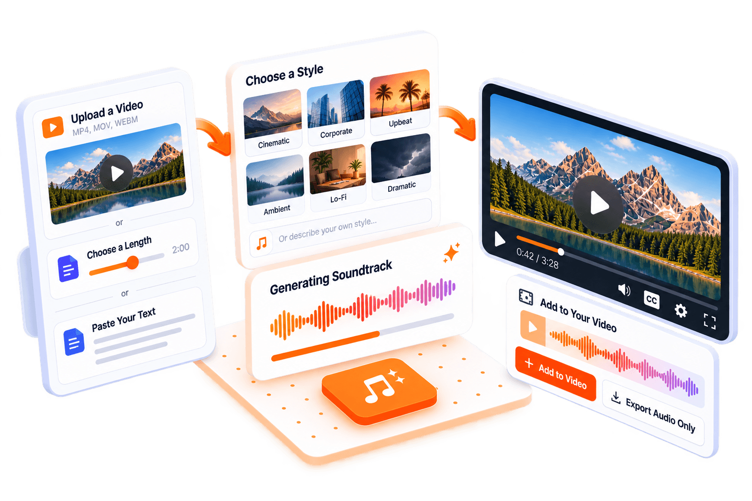 Vidsembly AI Soundtrack: upload a video, generate background music, and export the mixed MP4