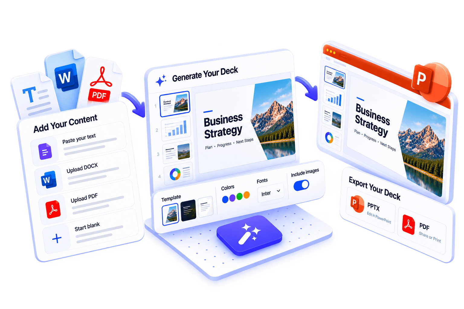 Vidsembly AI Deck Creator: turn notes or documents into an editable slide deck and export PPTX or PDF